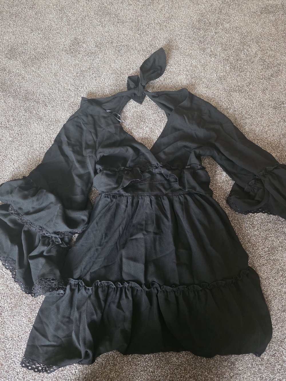 Black Ruffled Deep V NECK Flowy Mini Dress